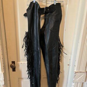 Black Leather Biker Chaps with Fringe | Women's Small